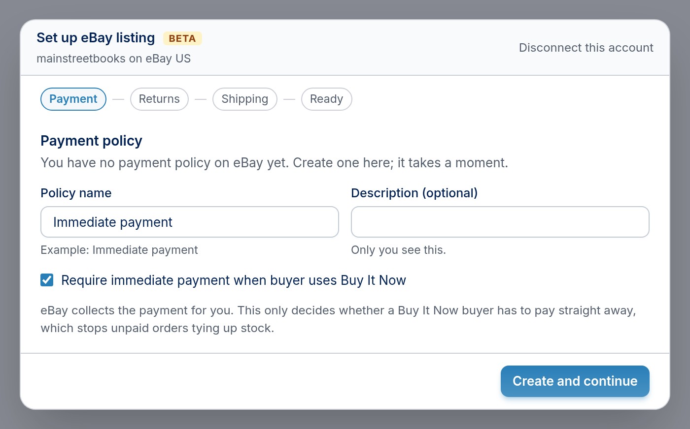 Creating a payment policy in the eBay setup