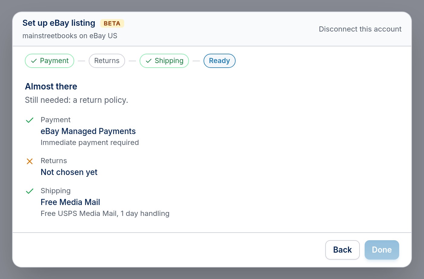 The Ready step showing payment and shipping chosen and returns still needed