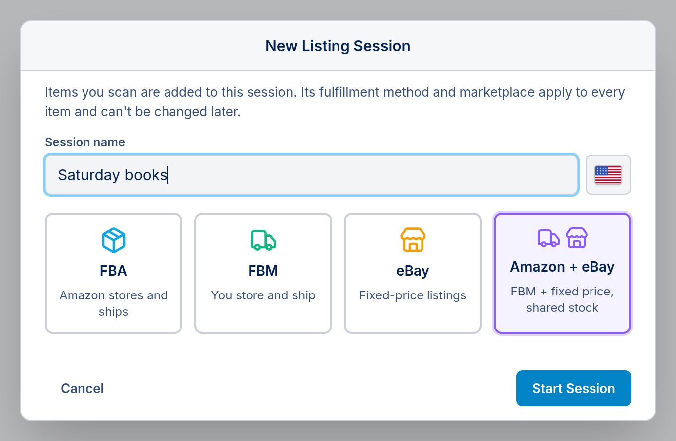 The New Listing Session window with the Amazon + eBay card selected