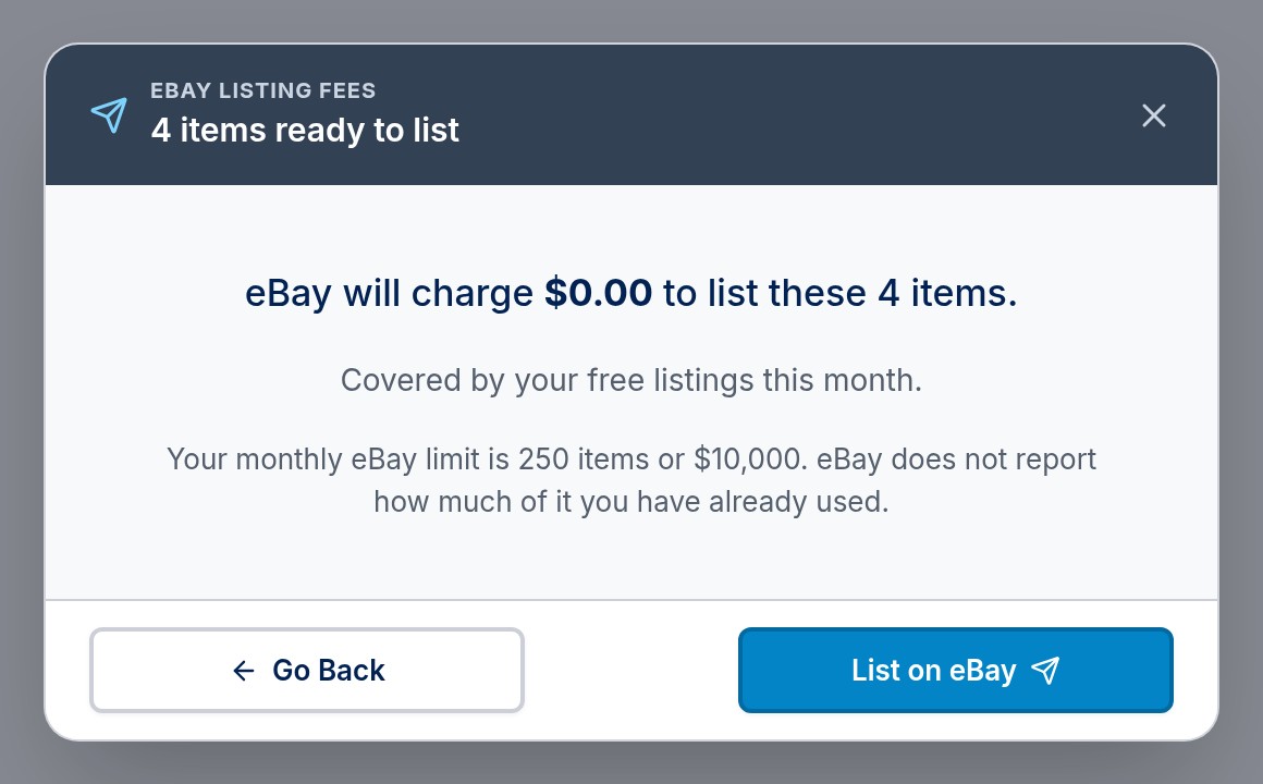 eBay's listing fees for four items, with the List on eBay button