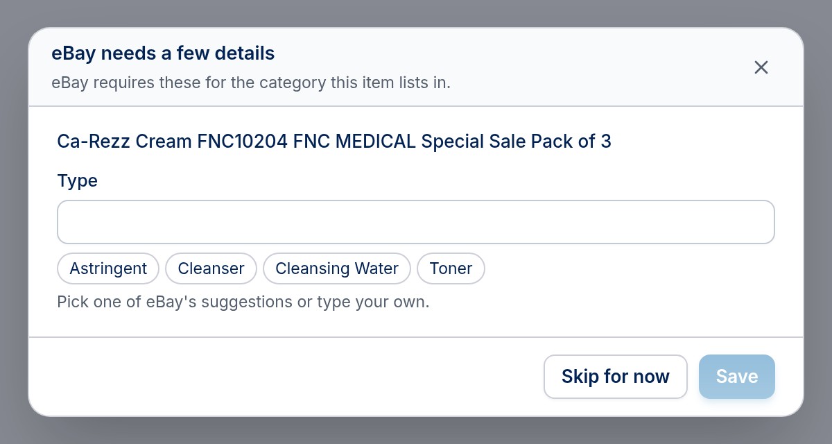 The eBay needs a few details window asking for an item's Type