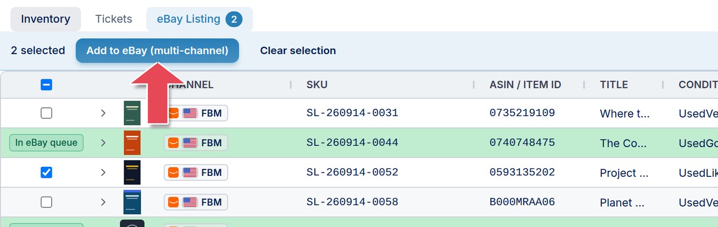 Two items ticked and the Add to eBay (multi-channel) button in the selection bar