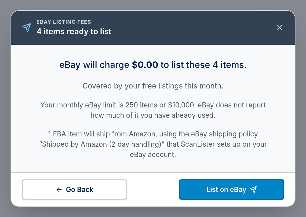 eBay's listing fees with a note that one FBA item will ship from Amazon using the Shipped by Amazon policy