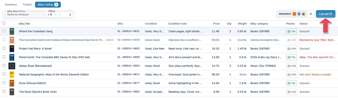 The eBay Listing tab with queued items, prices, weights, categories and statuses