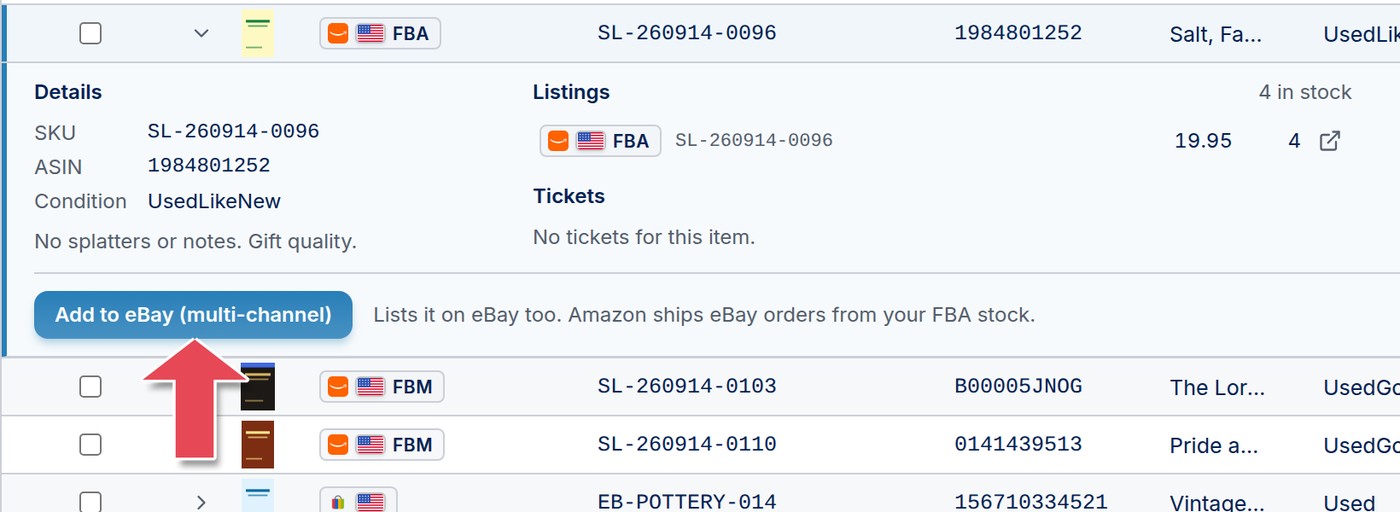 An open FBA inventory item with the Add to eBay (multi-channel) button and the note that Amazon ships eBay orders from FBA stock