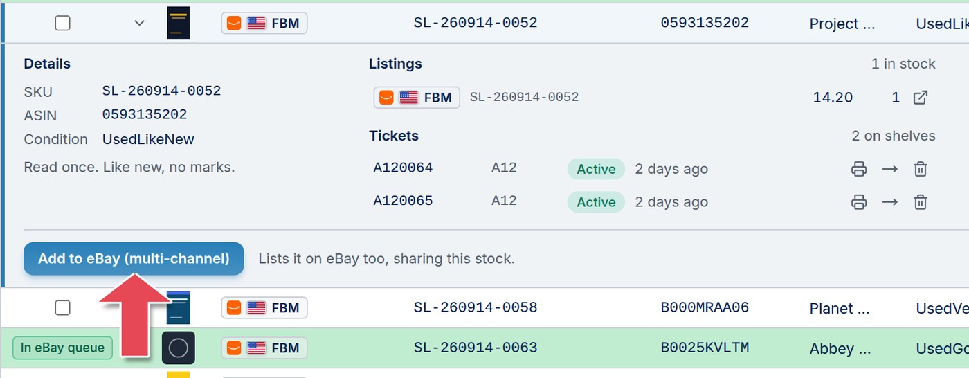 An open inventory item with the Add to eBay (multi-channel) button