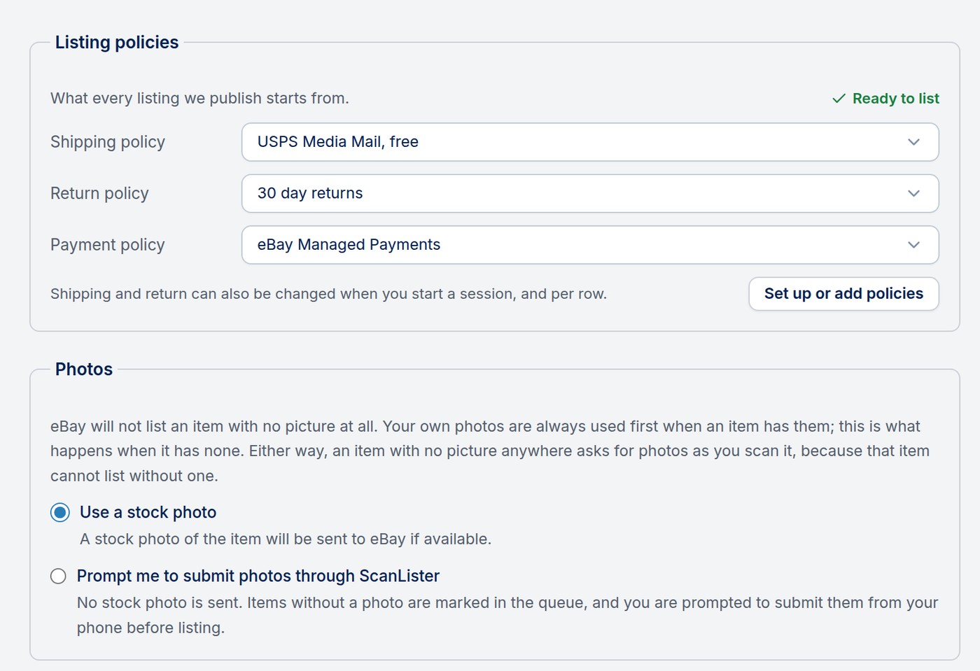 Settings, eBay: listing policies and photo options