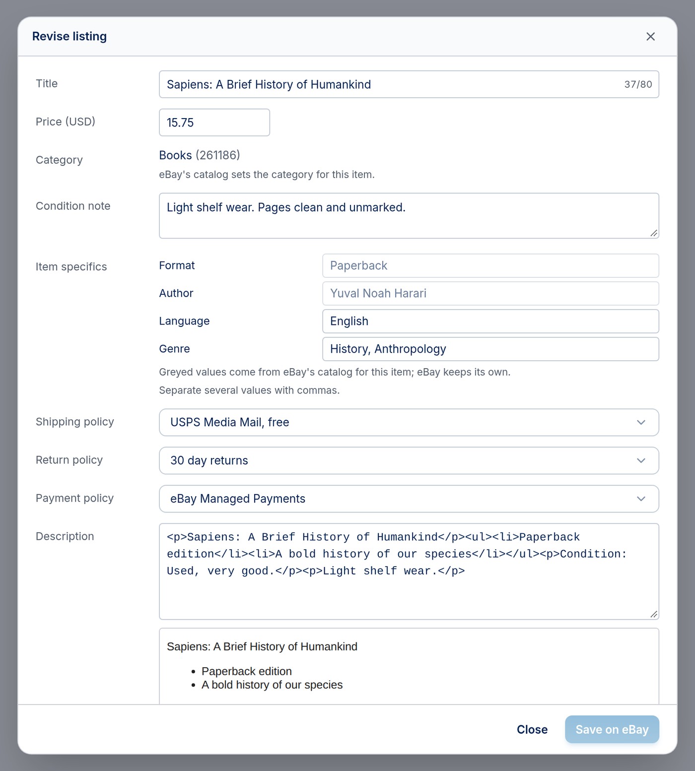 The Revise listing window with title, price, category, condition note, item specifics, policies and description