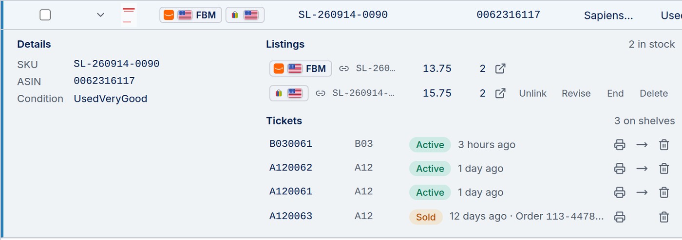 An open inventory item listed on Amazon and eBay, with Unlink, Revise, End and Delete beside the eBay listing
