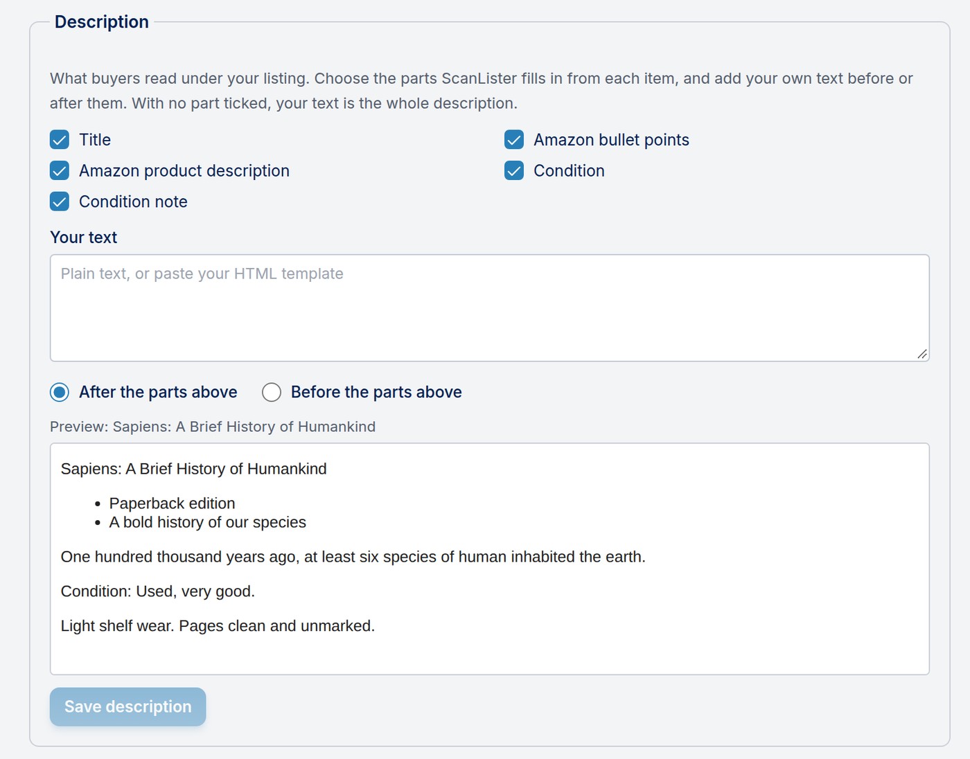 Settings, eBay: description parts, your own text and a live preview