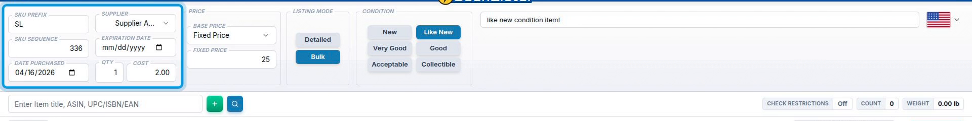 The listing defaults panel across the top of the List screen