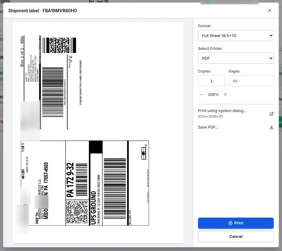 The shipment label preview with format, printer and copy settings