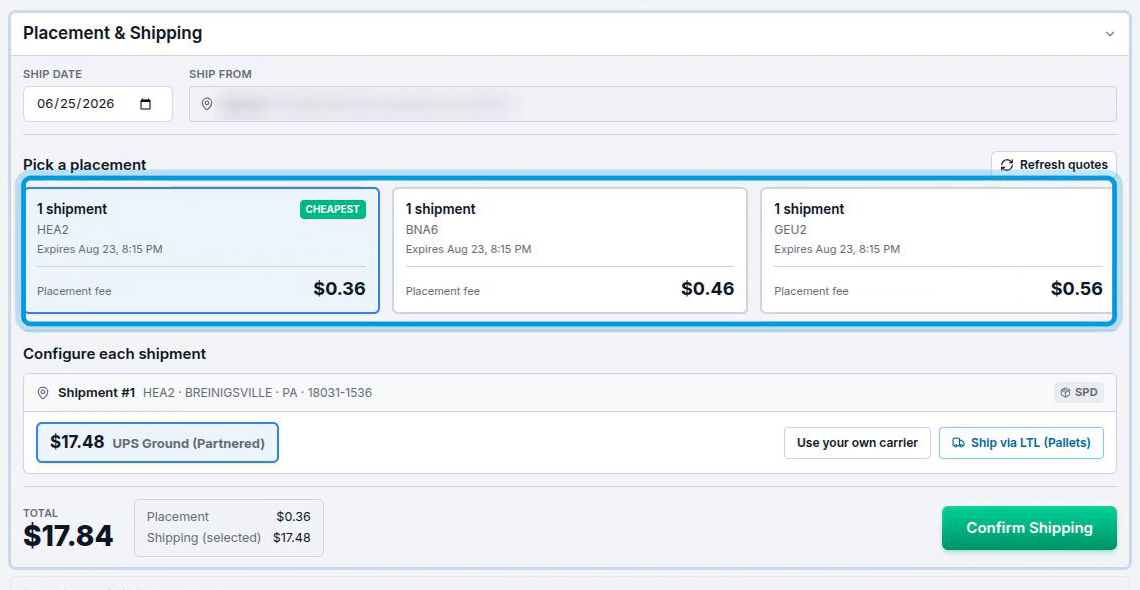 Placement options with fees, the partnered UPS rate and the split-out total