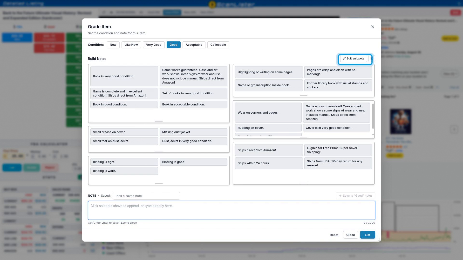 The Edit snippets button in the Grade Item window