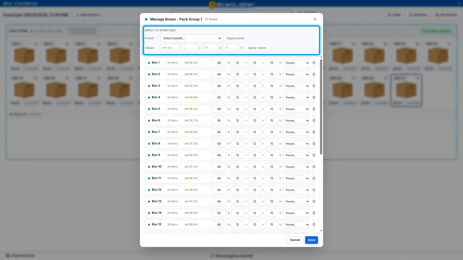 Manage Boxes with Apply to every box at the top