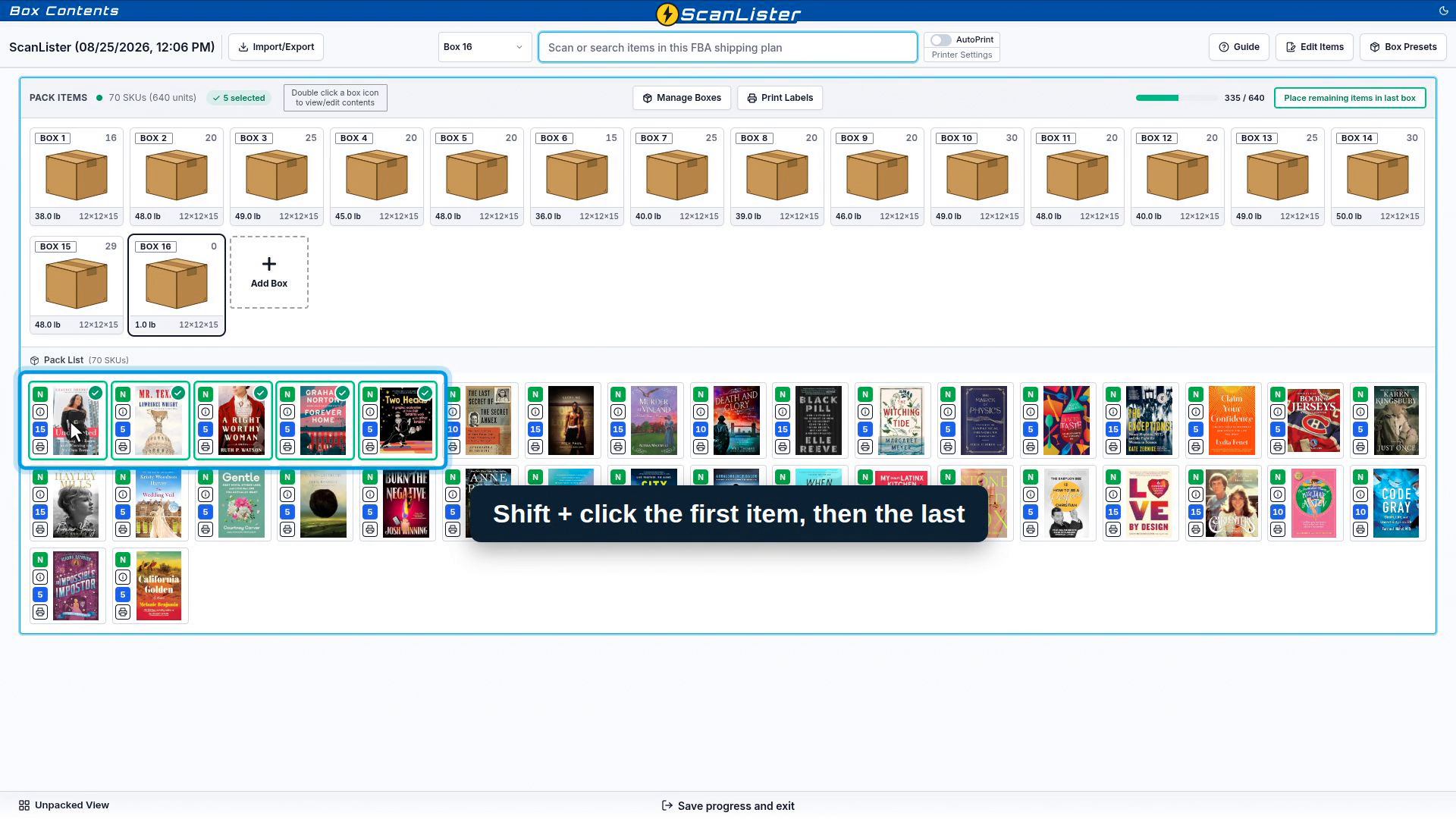 A range of items selected with Shift and click