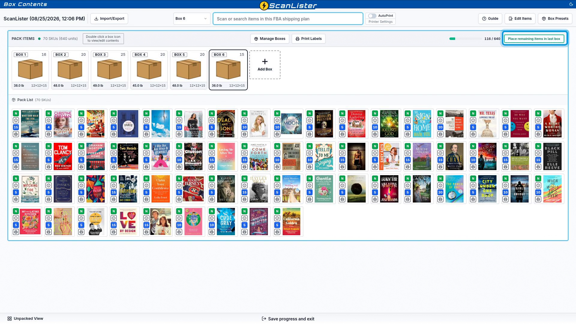 The Place remaining items in last box button