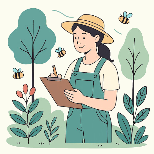 Billede af en kvinde, der står i haven og tager noter