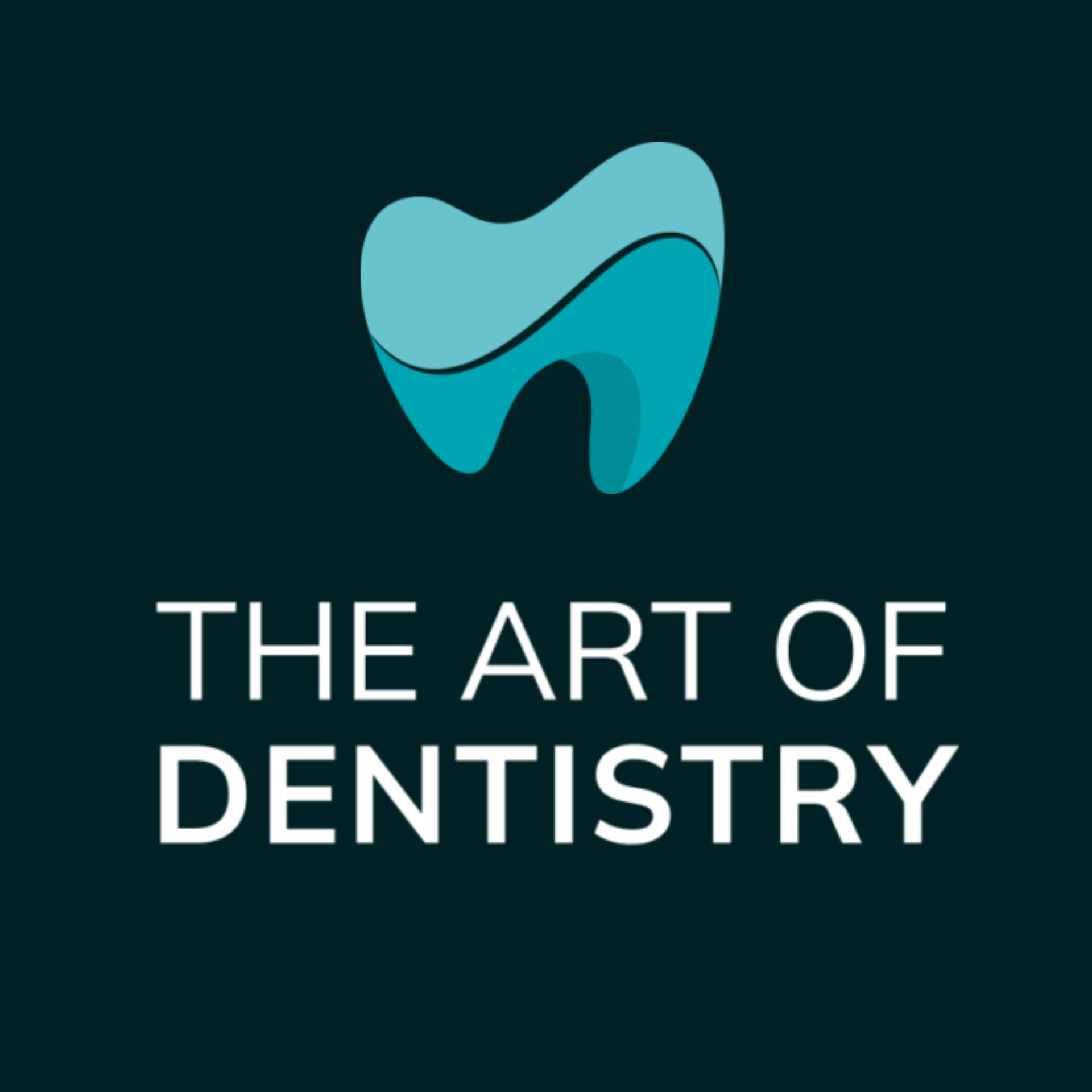 Abstraktes blaues Zahn-Logo über dem Text THE ART OF DENTISTRY auf dunklem Hintergrund.