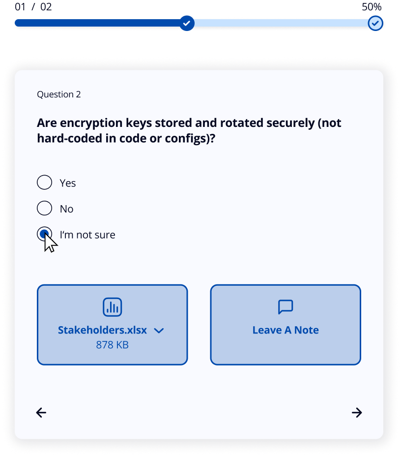Interface of Complama’s compliance assessment tool displaying a MVSP security question, selectable answers, progress tracking, and options to upload supporting evidence or add comments for collaborative review.