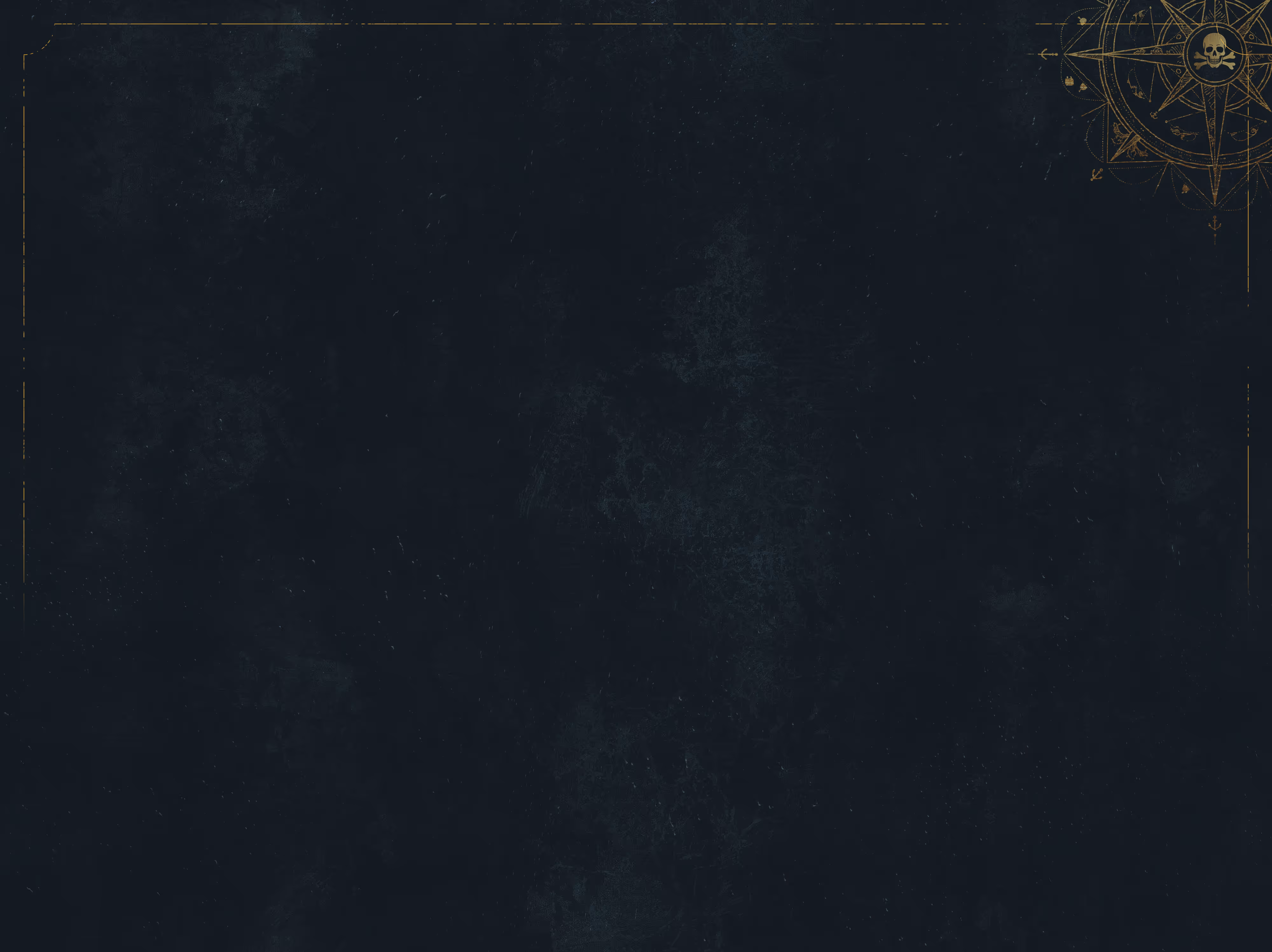 Dark textured background with a gold compass rose featuring a skull in the top right corner and thin gold border lines.