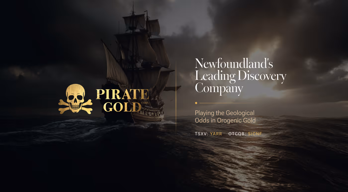 Pirate Gold Corp logo with gold skull and crossbones beside a sailing ship on dark ocean under cloudy sky at sunset, text about Newfoundland's leading discovery company specializing in orogenic gold.