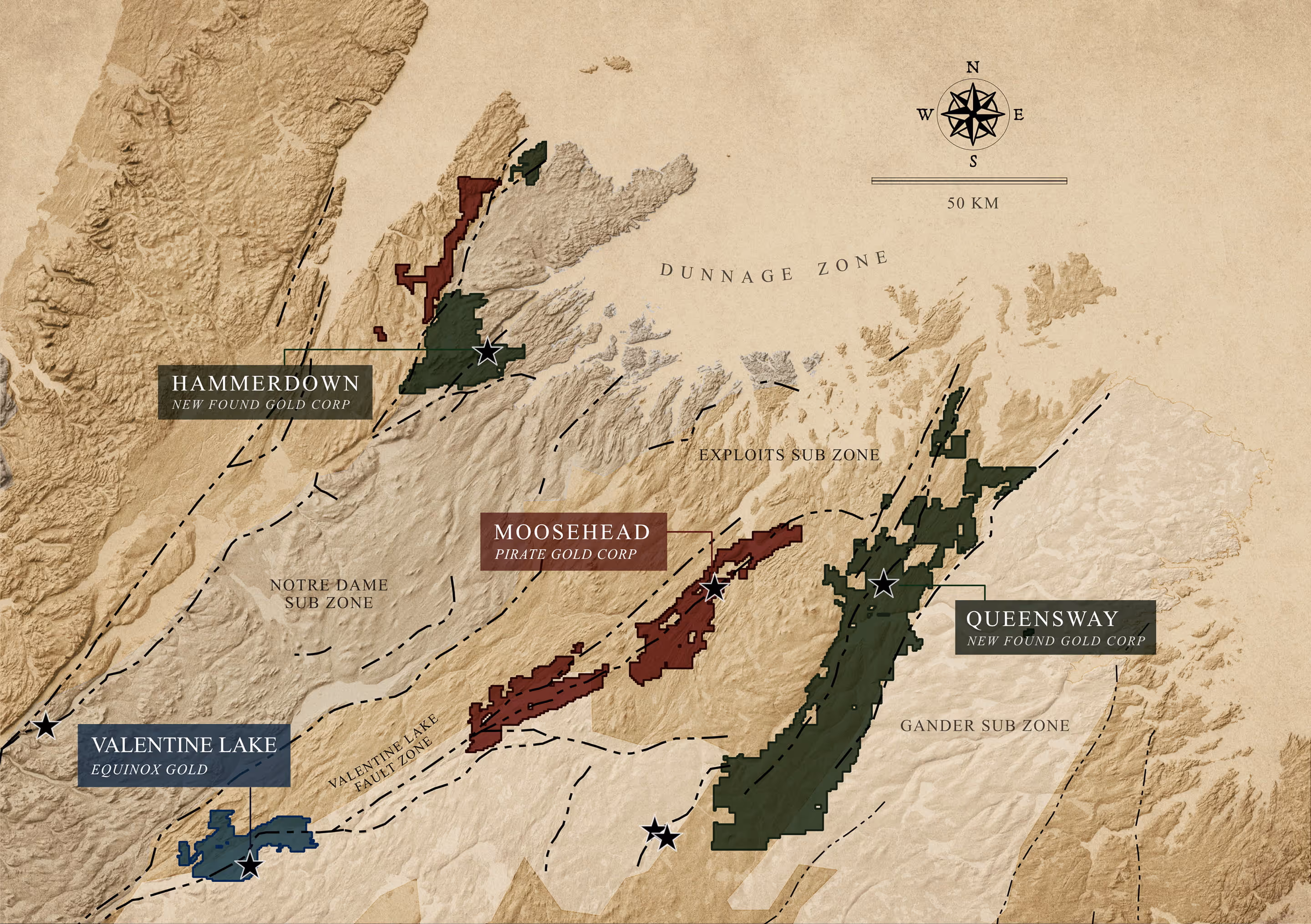 Topographic map showing gold mining zones in eastern Canada, highlighting Hammerdown and Queensway by New Found Gold Corp, Moosehead by Pirate Gold Corp, and Valentine Lake by Equinox Gold with marked sub zones and fault lines.