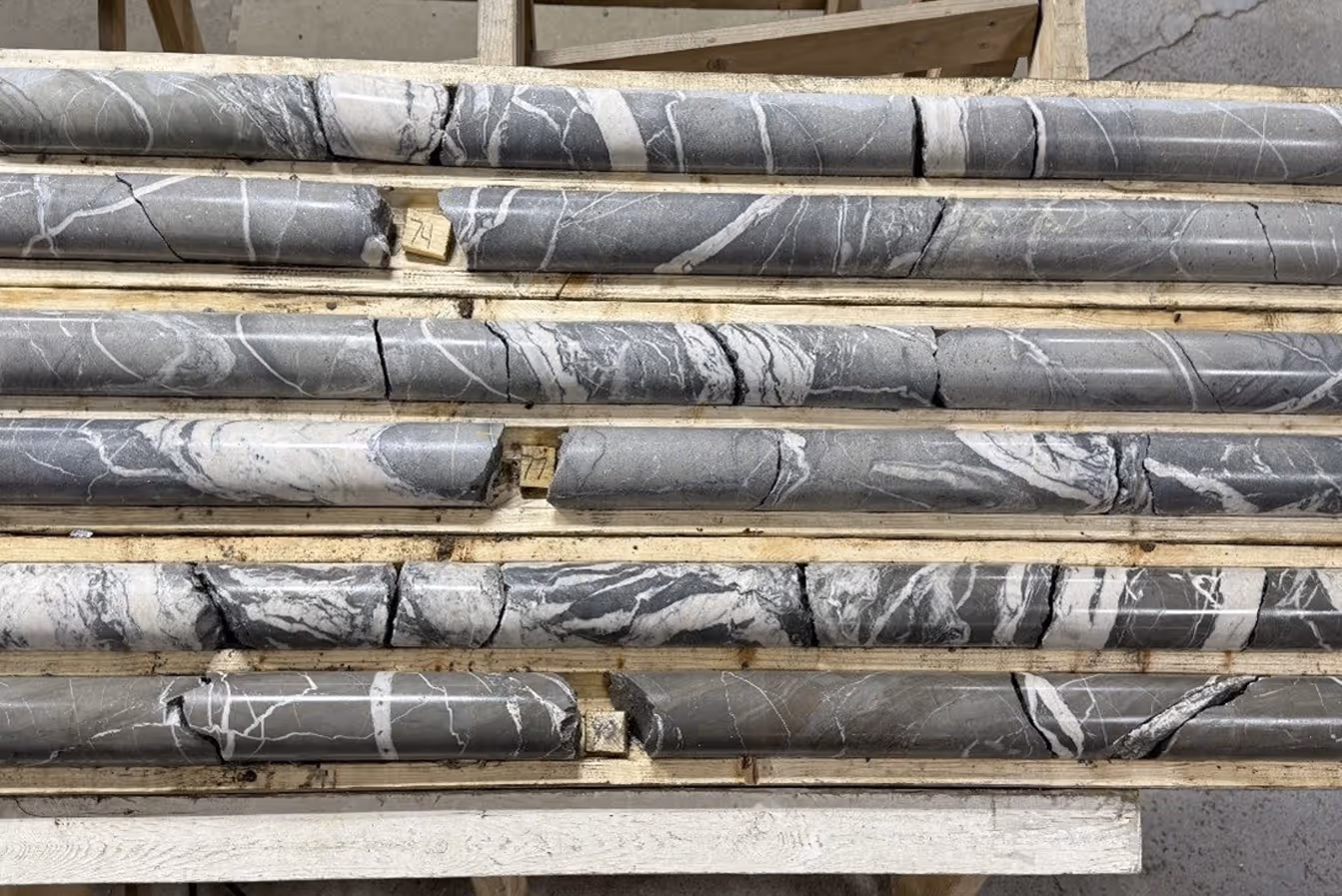 Box containing multiple segmented core samples of grey rock with white veining on a wooden rack.