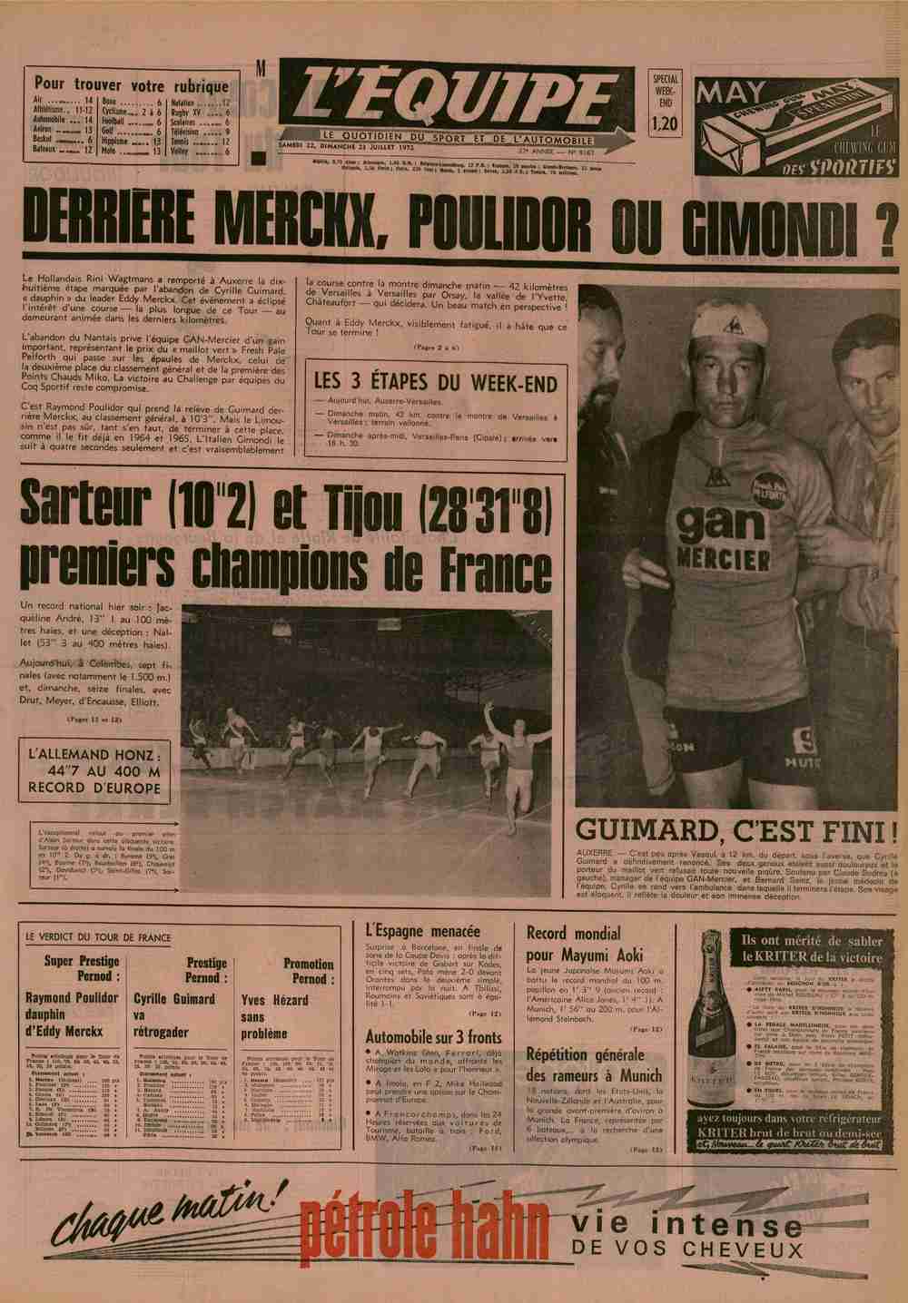 Une vieille page de journal sportif L'Équipe avec un gros titre sur Merckx, Poulidor, et Gimondi, et une photo de cycliste habillé en maillot Gan Mercier.