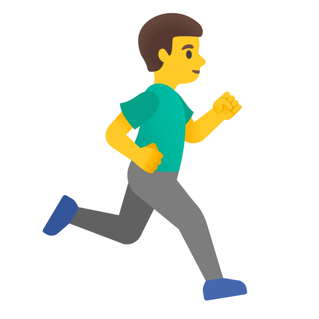 Illustration d'un homme courant de profil vers la droite, portant un t-shirt vert, un pantalon gris et des chaussures bleues.