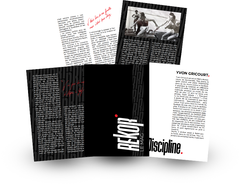 Pages dépliées d'un magazine intitulé REKOR Le Mag avec des articles en français sur le sport.