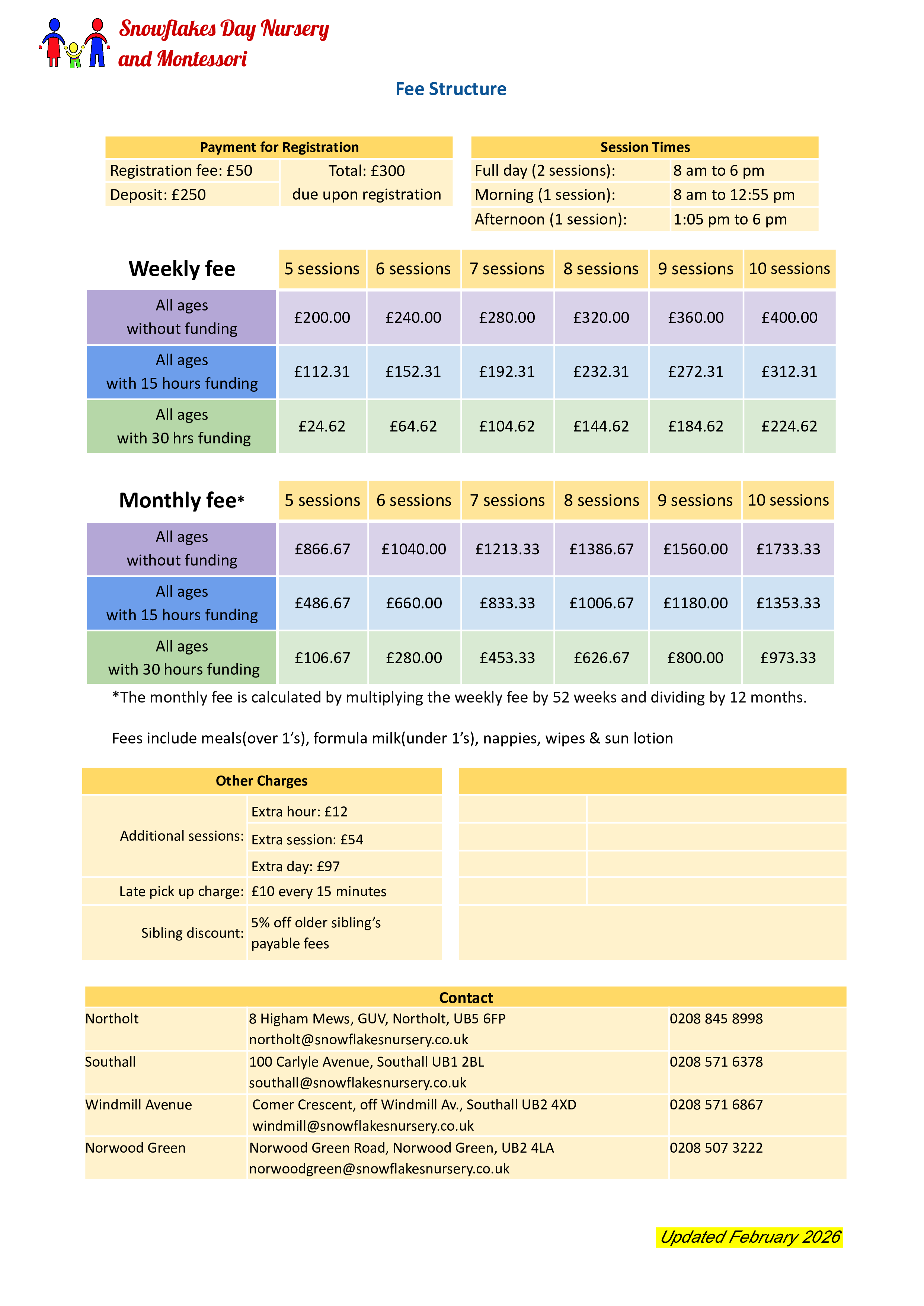 Nursery Fees and structure for all ages 0-5 years at Snowflakes Day Nursery & Montessori Updated Feb 2026
