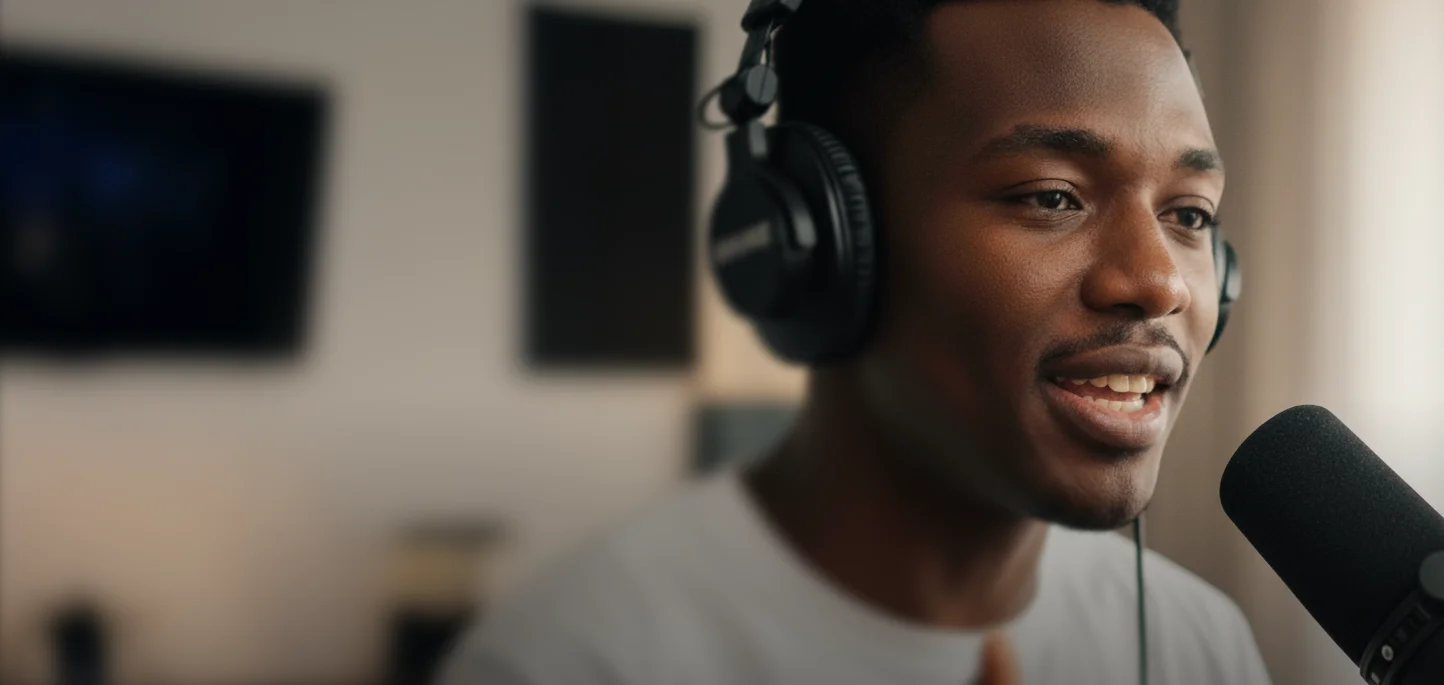 Young man wearing headphones speaking into a microphone in a recording studio.