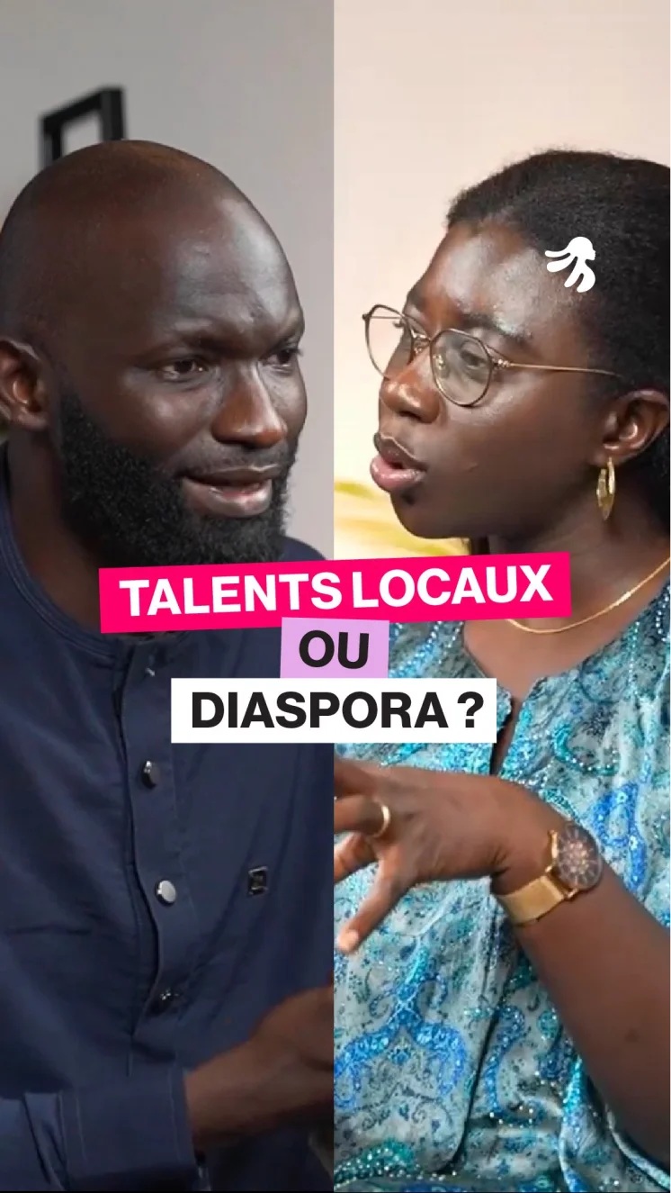 Man and woman engaged in conversation with overlaid text reading 'Talents locaux ou diaspora?'
