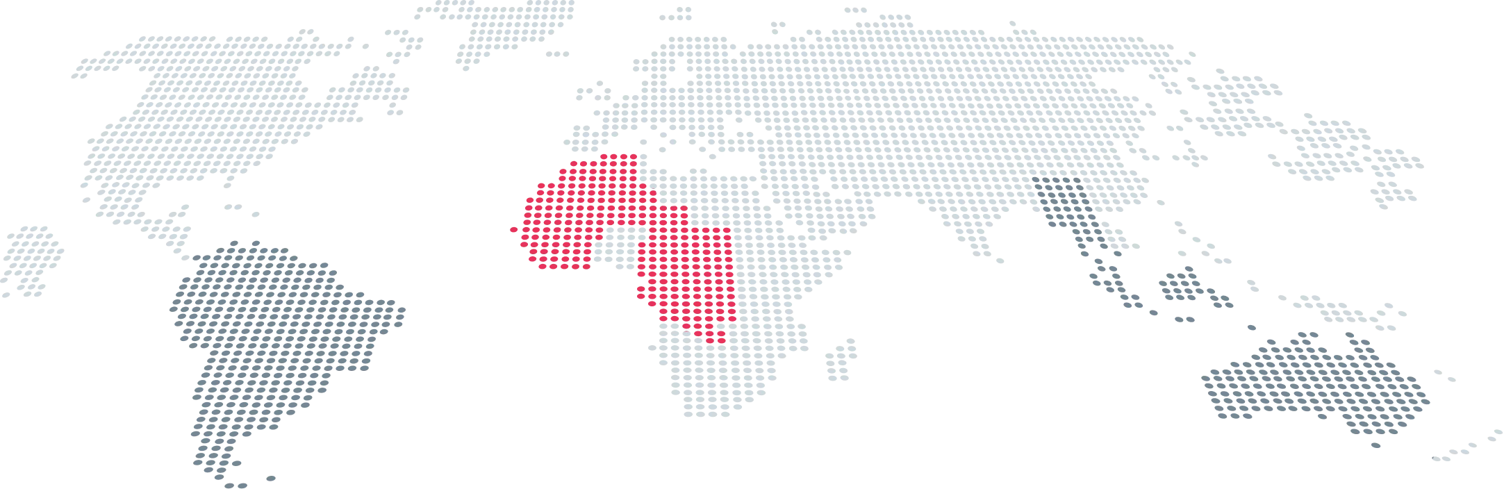 Pixelated world map with regions in West Africa highlighted in red and parts of South America, Southeast Asia, and Australia shaded gray.