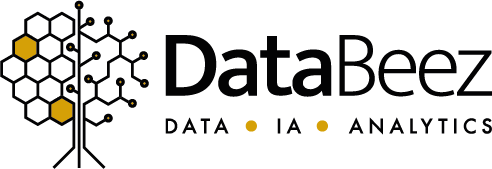 DataBeez logo featuring a stylized honeycomb and circuit design on the left with the text 'DataBeez' and the words 'DATA IA ANALYTICS' beneath, separated by gold dots.