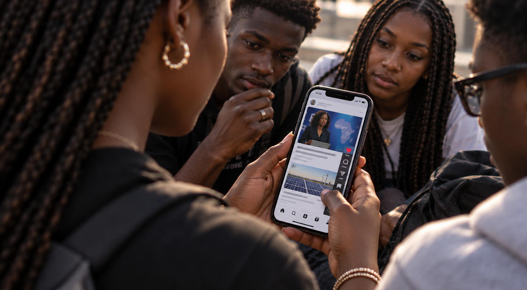 Four young adults with braided hair gather outdoors, focused on a smartphone screen displaying a social media feed with a news anchor and solar panels with wind turbines.