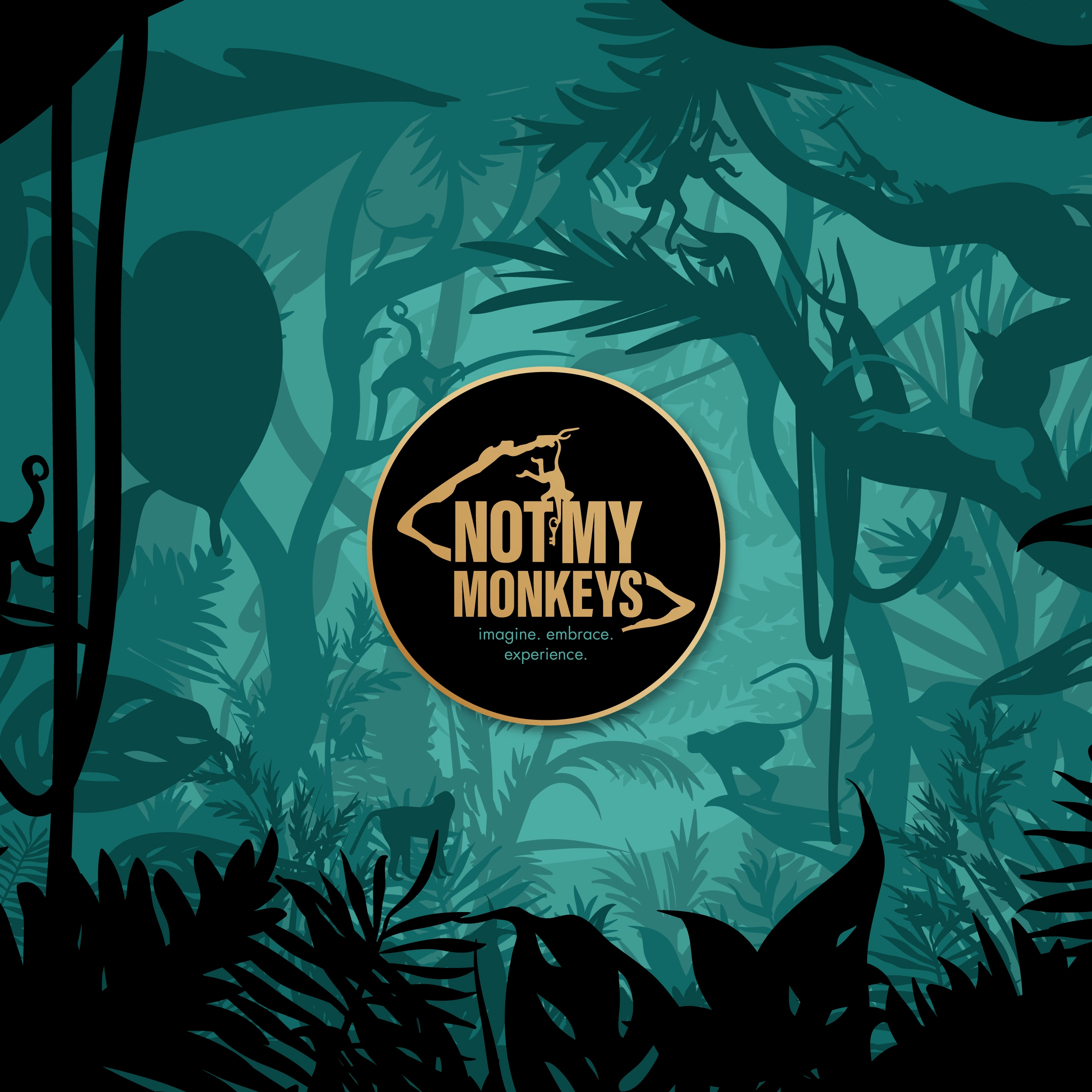 a jungle illustration with not my monkey logo in the center