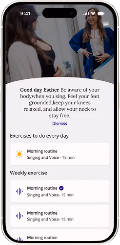 Mobile screen showing a personalized singing exercises app with a motivational message and daily morning routine exercises.