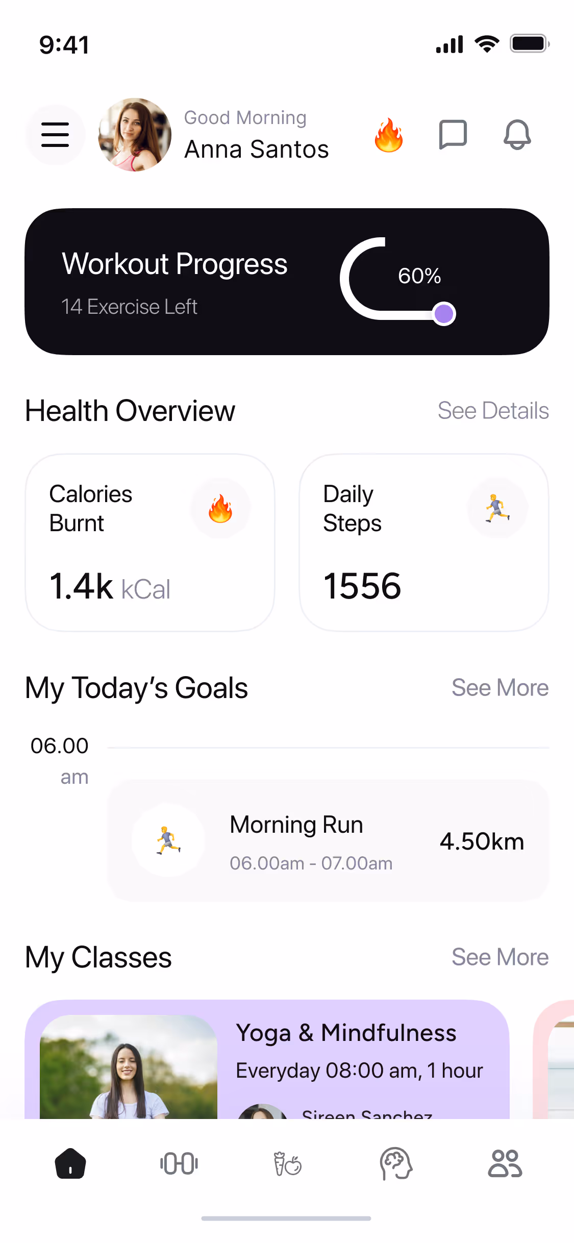 Fitness app screen showing workout progress, calories burnt, daily steps, morning run, and a Yoga & Mindfulness class.