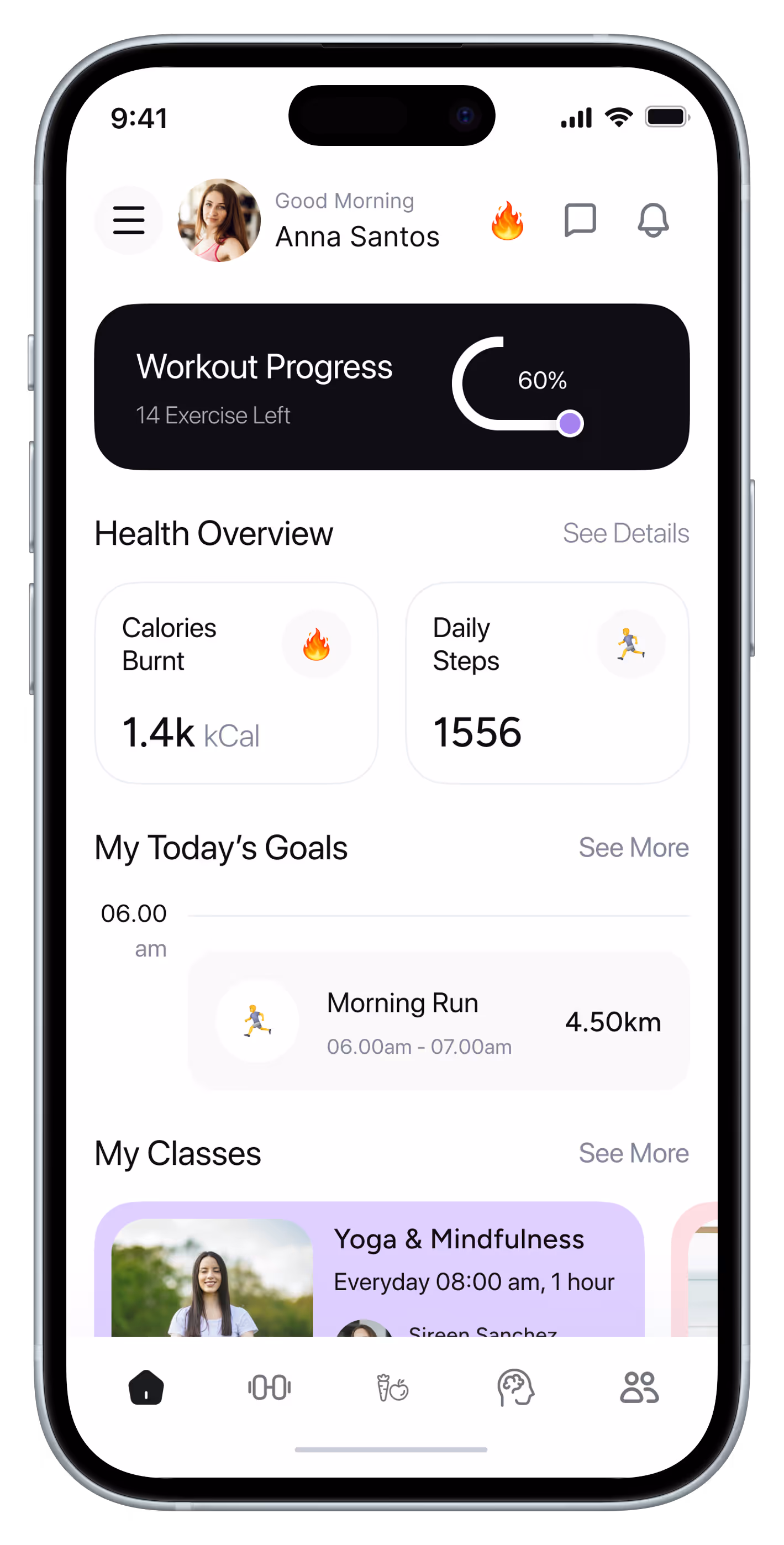 Fitness app screen homepage
