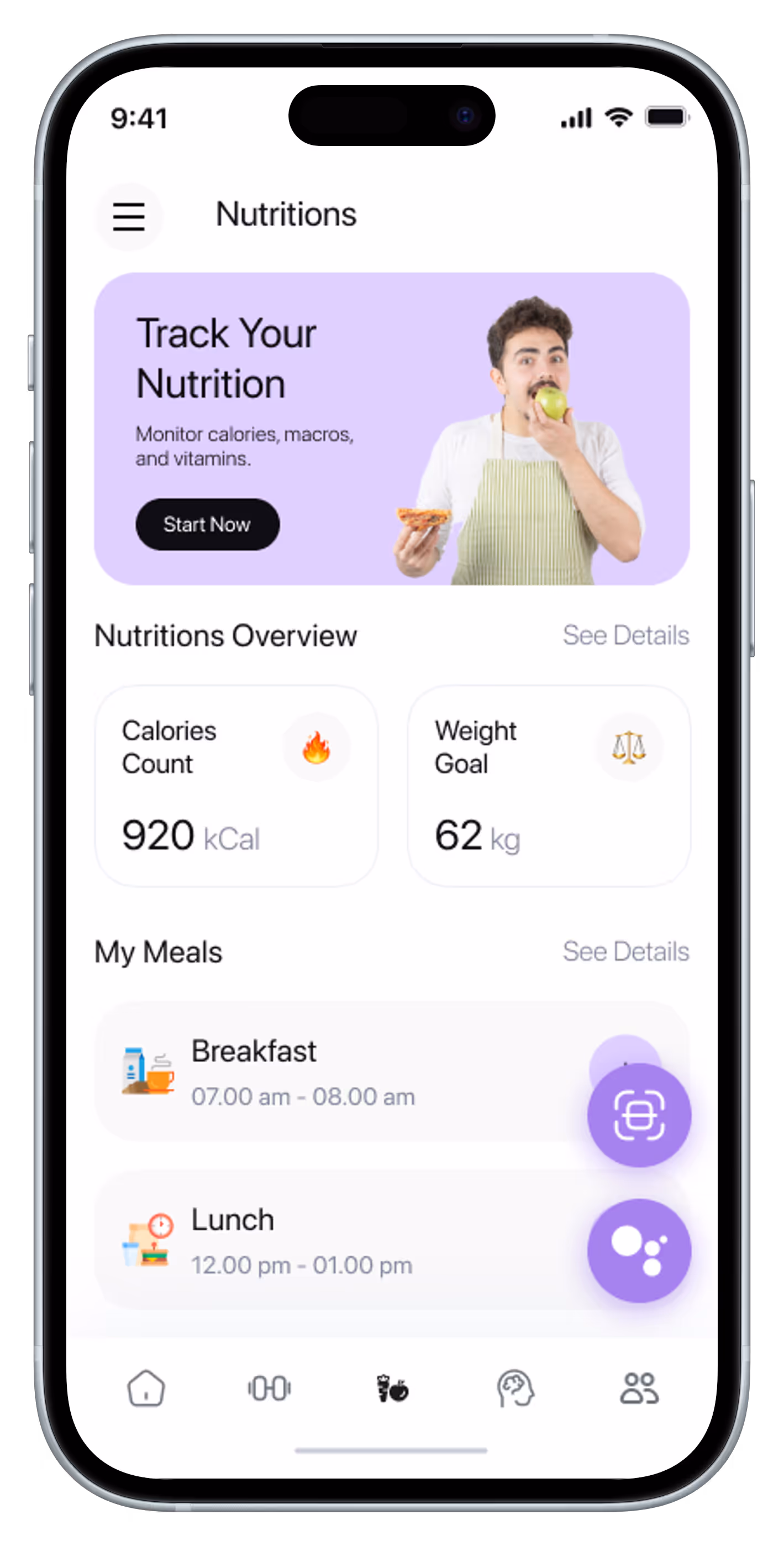 Smartphone screen showing a nutrition tracking app with calories count, weight goal, and meal times for breakfast and lunch.