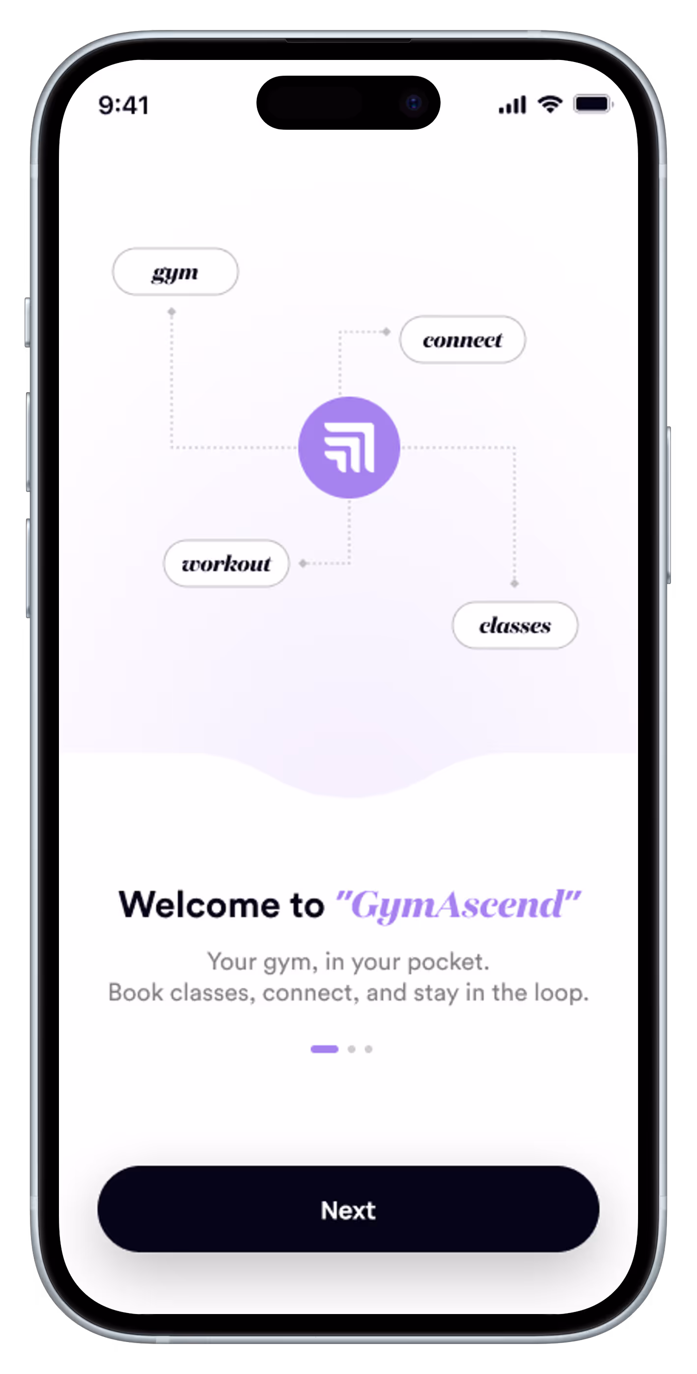 Smartphone screen showing GymAscend app welcome page with options for gym, connect, workout, and classes, and a Next button.