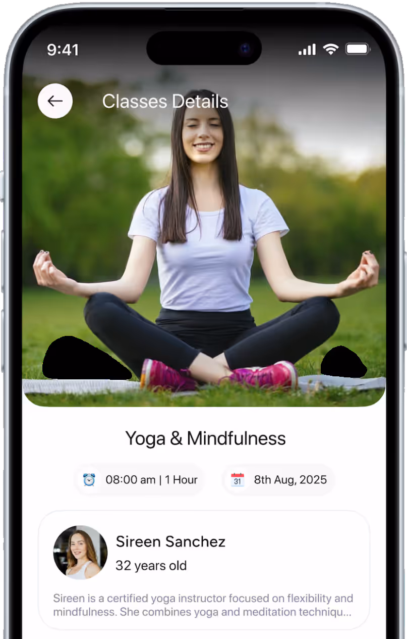 Mobile screen displaying Yoga & Mindfulness class details with a woman meditating outdoors in cross-legged pose and instructor info.
