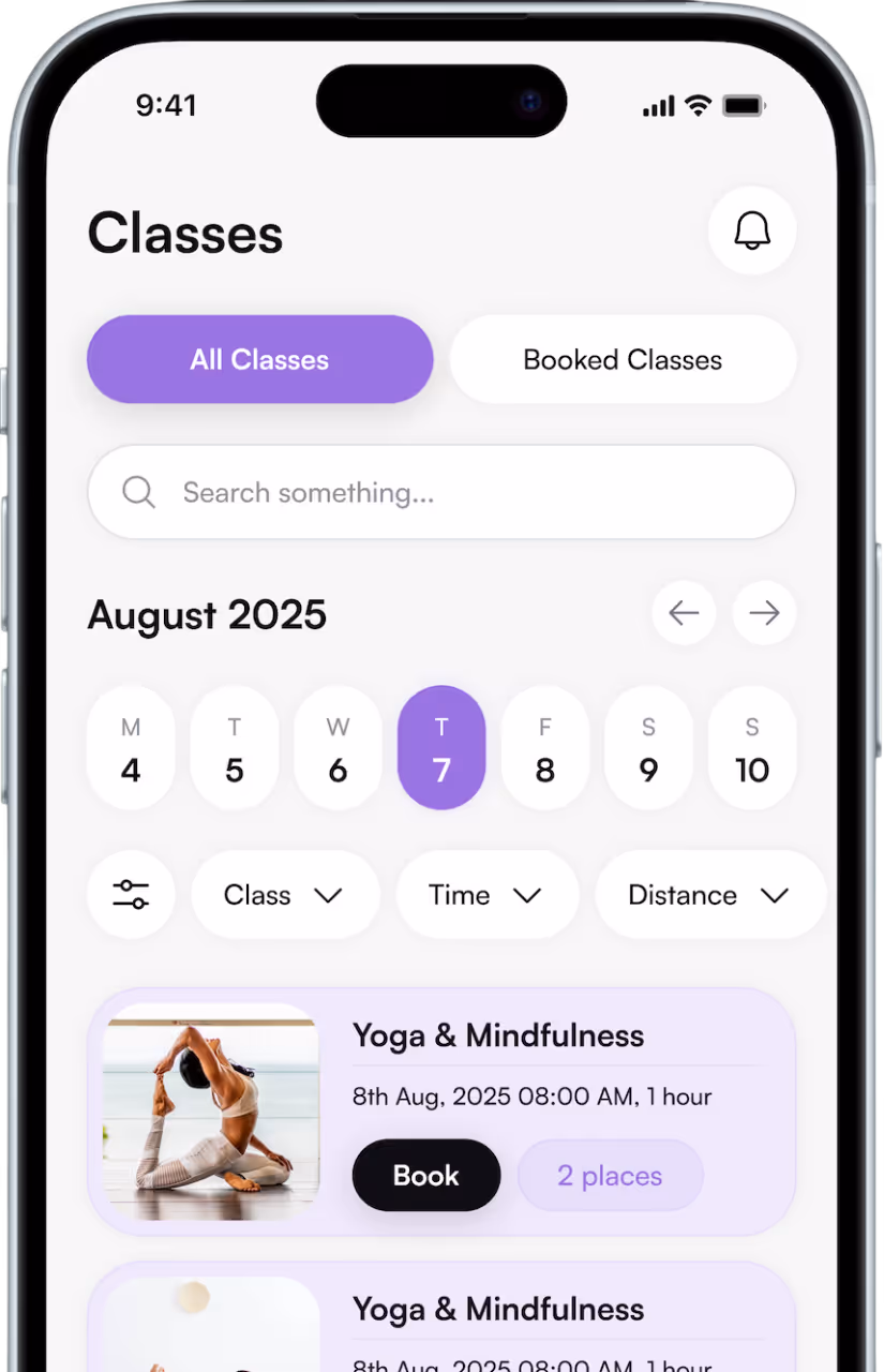 Mobile screen displaying Yoga & Mindfulness class details with a woman meditating outdoors in cross-legged pose and instructor info.