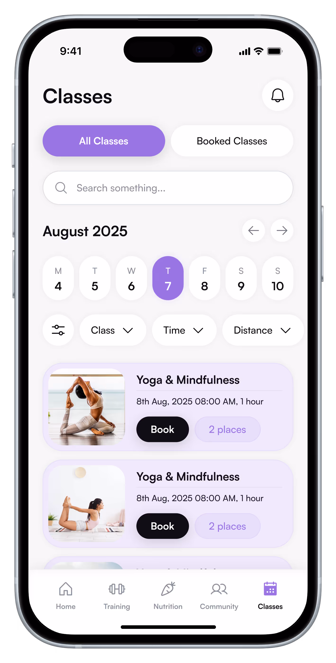 Mobile app screen displaying booked and available yoga and mindfulness classes for August 2025 with options to filter by class, time, and distance.