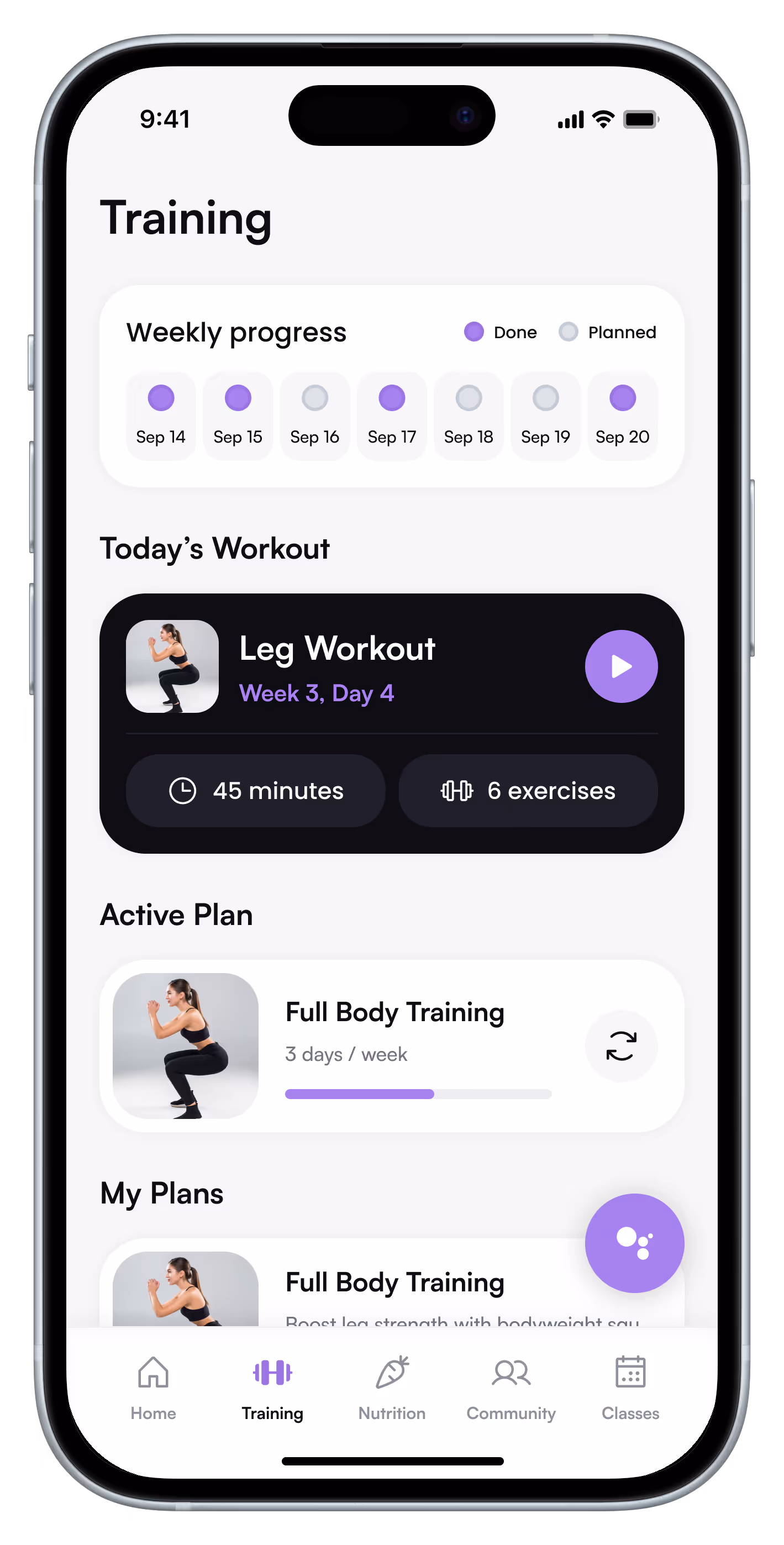 Mobile app screen showing training progress and workout plan with leg workout for 45 minutes and six exercises, progress on full body training, and navigation menu.