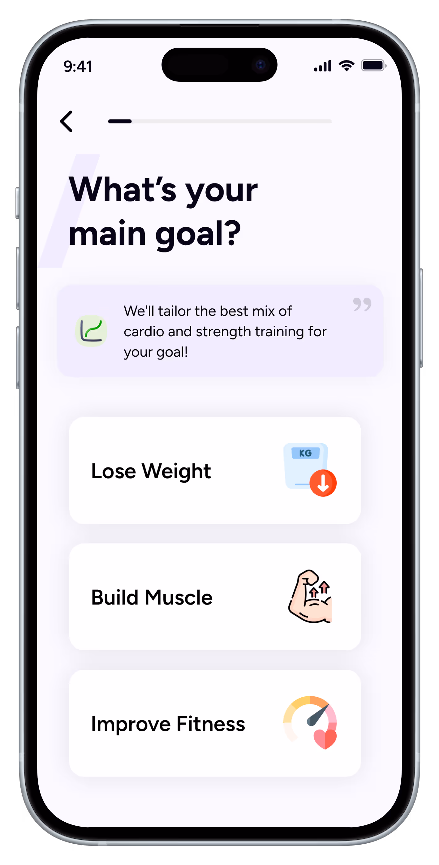 Mobile app screen asking 'What’s your main goal?' with options to Lose Weight, Build Muscle, or Improve Fitness.