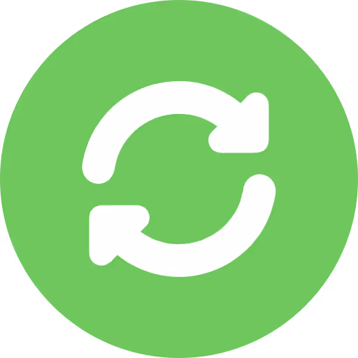 White recurring icon with circular arrows on a green circular background.