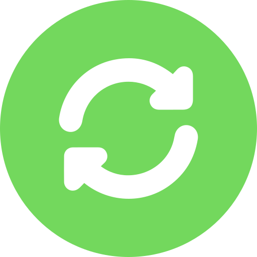 White recurring icon with circular arrows on a green circular background.